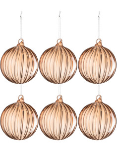 Boule de Noël en Verre Marron clair motif Stries (Lot de 6) - 1