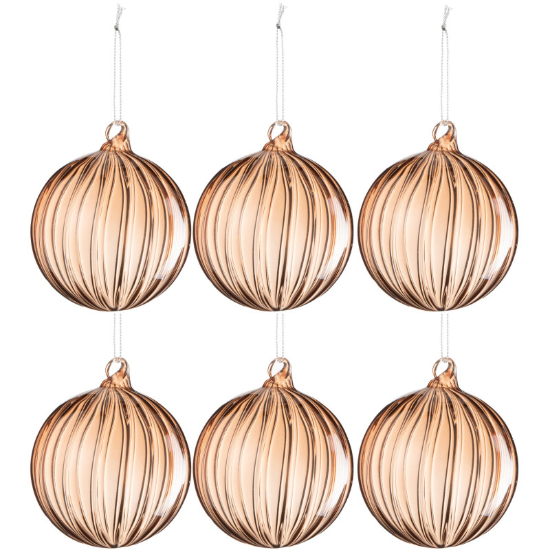 Boule de Noël en Verre Marron clair motif Stries (Lot de 6) - 1