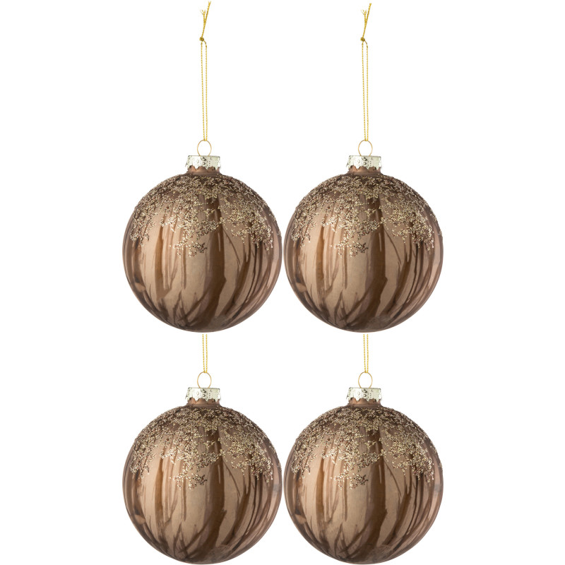 Boule de Noël en Verre Marron motif Lignes Avec paillettes (Lot de 4) - 1