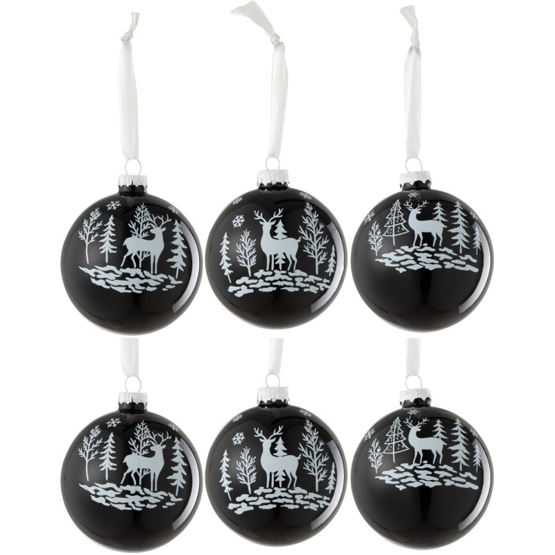 Boule de Noël en Verre Noir Blanc motif Renne (Lot de 6) - 1