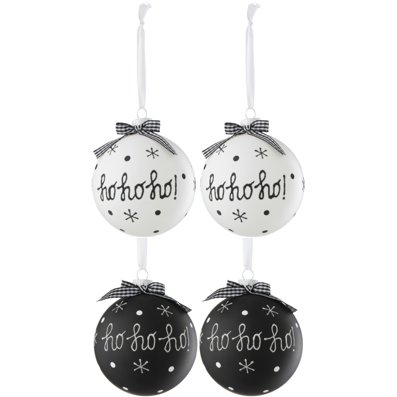 Boule de Noël en Verre Noir Blanc motif Ho ho ho ! (Lot de 4) - 1