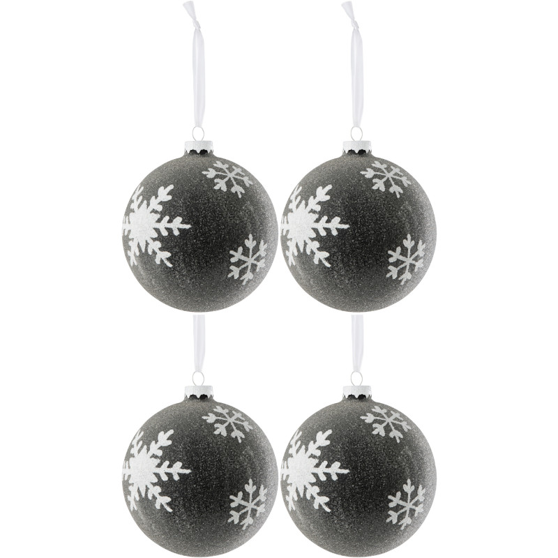 Boule de Noël XL en Verre Noir Blanc motif Flocons (Lot de 4) - 1