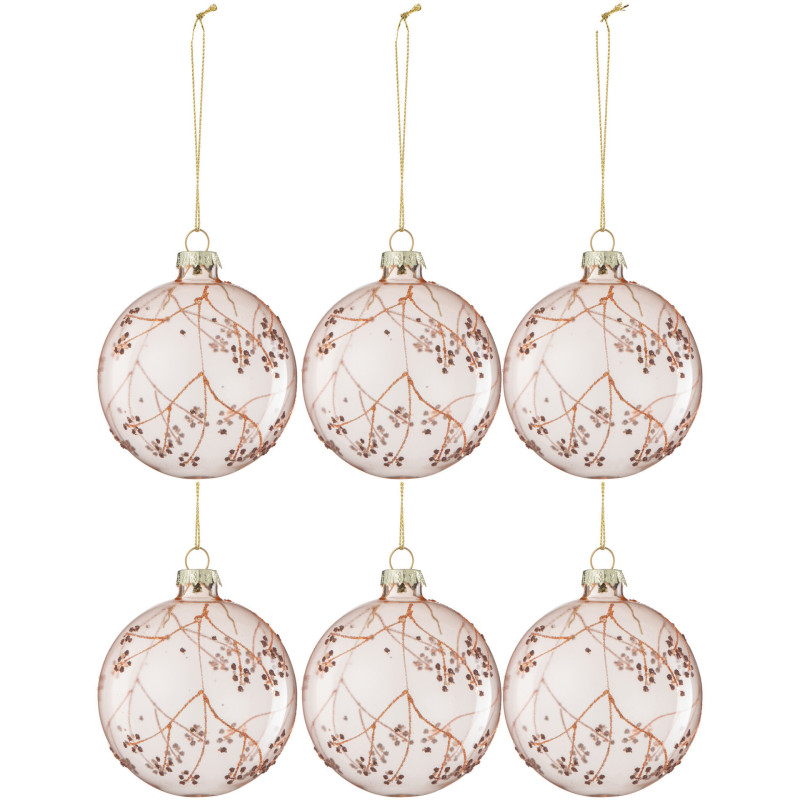 Boule de Noël Pomme de pin en Verre Rose motif Branches (Lot de 6) - 1