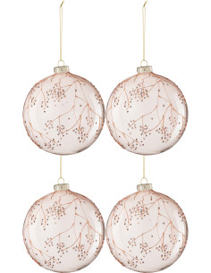 Boule de Noël XL en Verre Rose motif Branches (Lot de 4) - 1