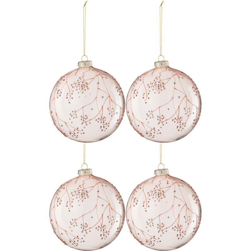 Boule de Noël XL en Verre Rose motif Branches (Lot de 4) - 1