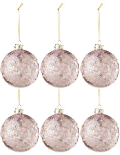 Boule de Noël en Verre Rose motif Rose Avec paillettes (Lot de 6) - 1