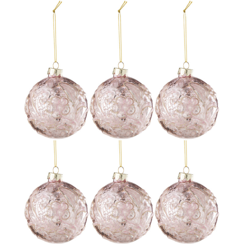 Boule de Noël en Verre Rose motif Rose Avec paillettes (Lot de 6) - 1