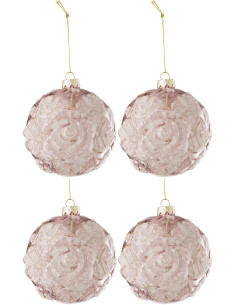 Boule de Noël en Verre Rose motif Rose Avec paillettes (Lot de 4) - 1