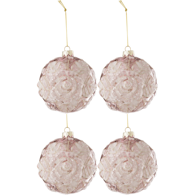 Boule de Noël en Verre Rose motif Rose Avec paillettes (Lot de 4) - 1