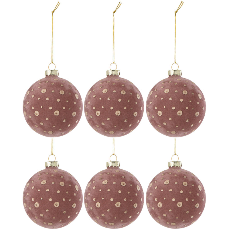 Boule de Noël en Verre Rose Doré motif Points Effet velours (Lot de 6) - 1