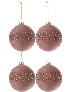 Boule de Noël en Verre Rose Doré motif Feuilles Effet velours (Lot de 4) - 1