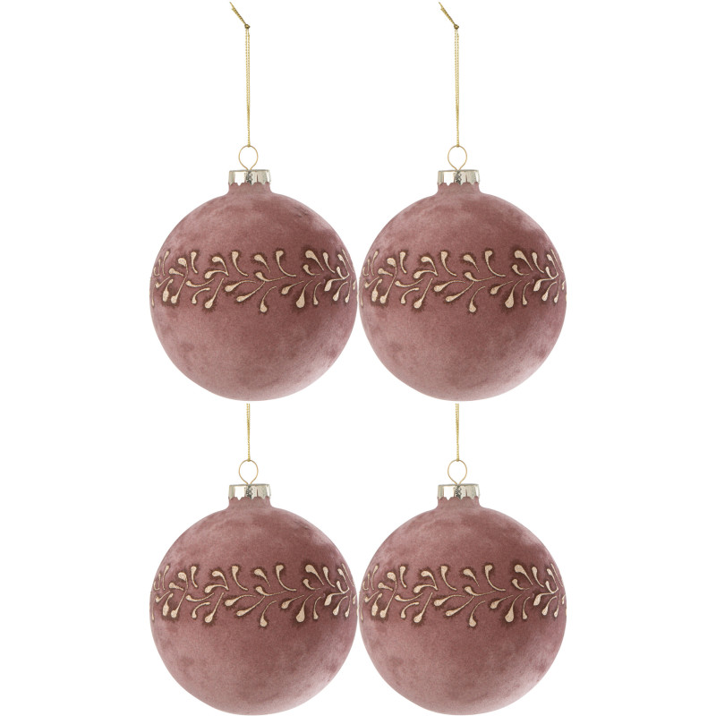 Boule de Noël en Verre Rose Doré motif Feuilles Effet velours (Lot de 4) - 1