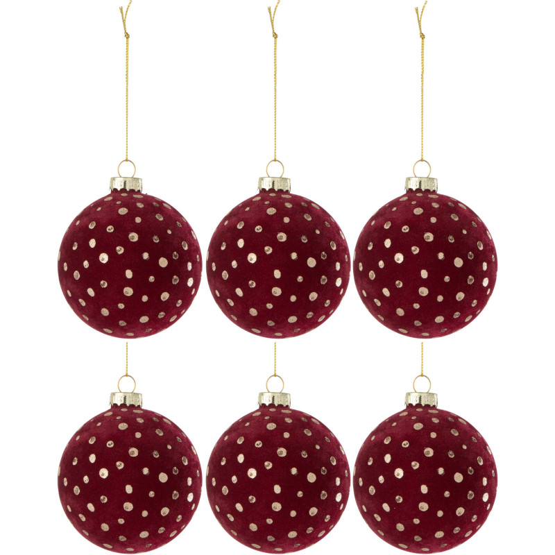 Boule de Noël en Verre Bordeaux Doré motif Points Effet velours (Lot de 6) - 1
