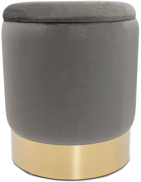 Pouf Rond 31 cm avec rangement en Velours Gris clair Bois massif Doré Carey - 1