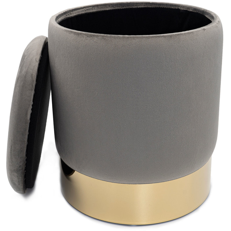 Pouf Rond 31 cm avec rangement en Velours Gris clair Bois massif Doré Carey - 2