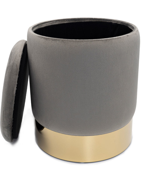 Pouf Rond 31 cm avec rangement en Velours Gris clair Bois massif Doré Carey - 2