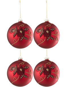 Boule de Noël XL en Verre Rouge motif Fleur (Lot de 4) - 1