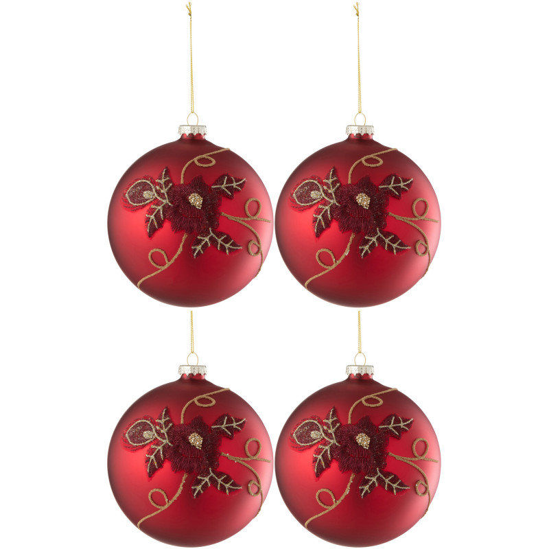 Boule de Noël XL en Verre Rouge motif Fleur (Lot de 4) - 1