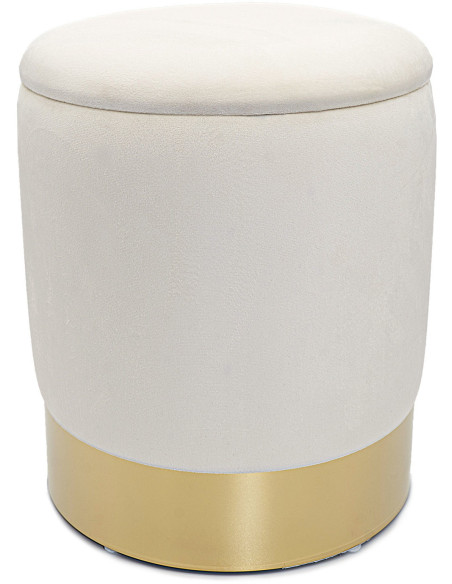 Pouf Rond 31 cm avec rangement en Velours Blanc crème Bois massif Doré Carey - 1