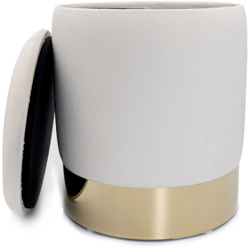 Pouf Rond 31 cm avec rangement en Velours Blanc crème Bois massif Doré Carey - 2