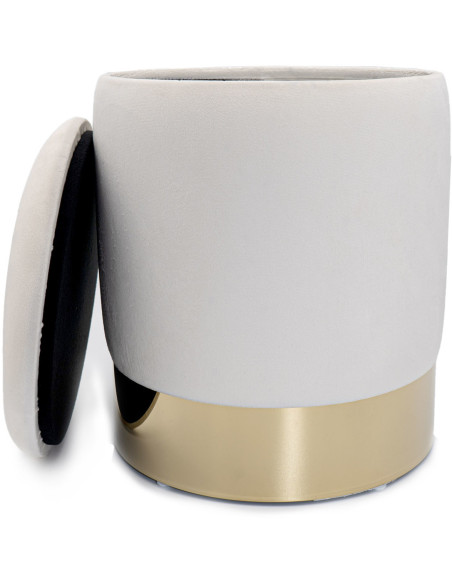 Pouf Rond 31 cm avec rangement en Velours Blanc crème Bois massif Doré Carey - 2