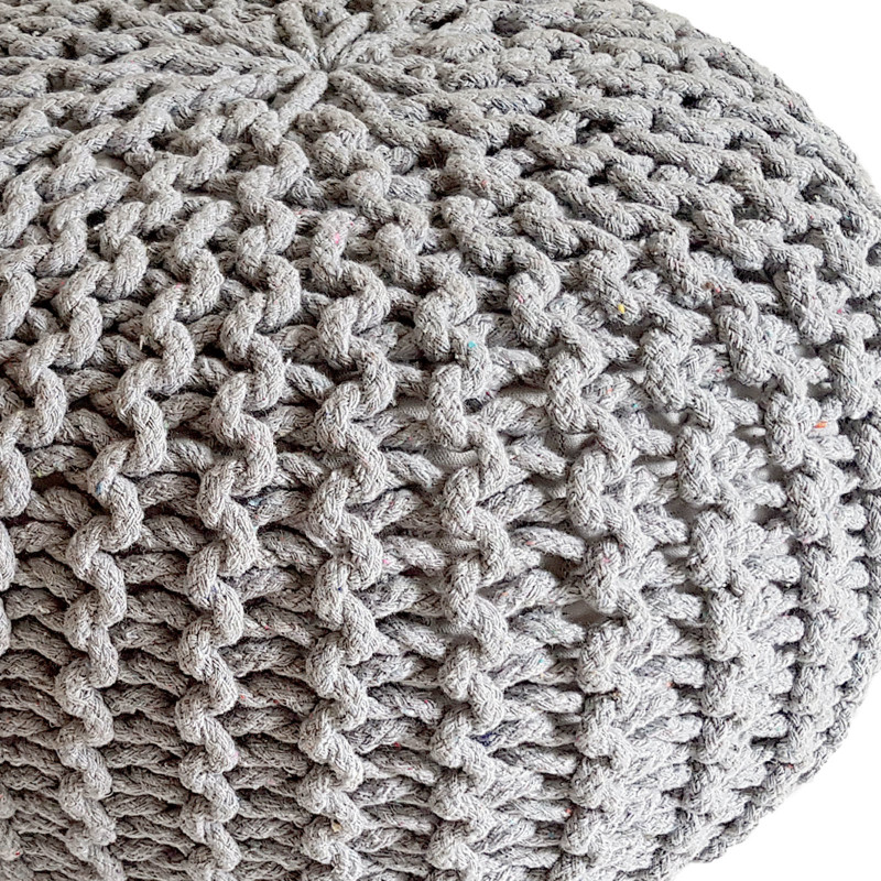 Pouf Tricot Rond 45 cm en Coton recyclé Gris clair Lulu - 3