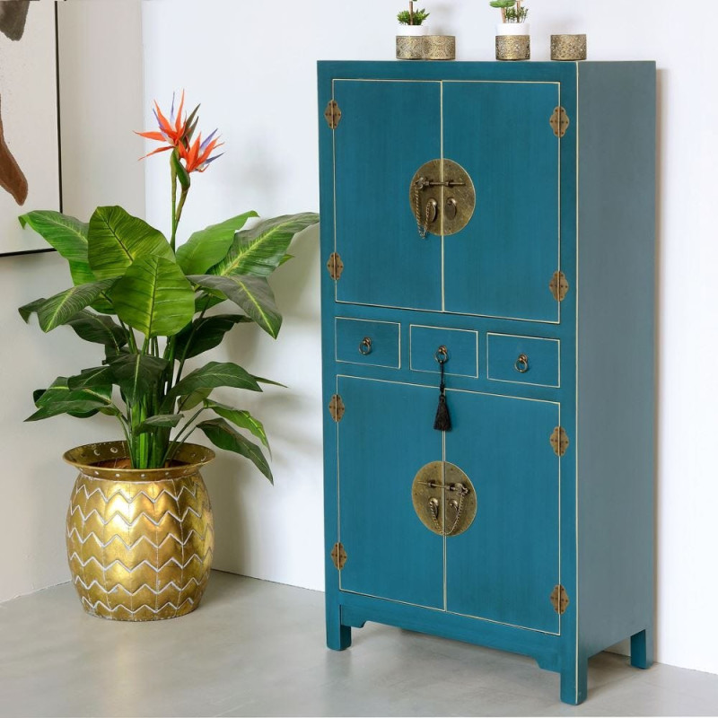 Buffet Haut 4 portes 3 tiroirs en Bois Bleu Oriente - 2