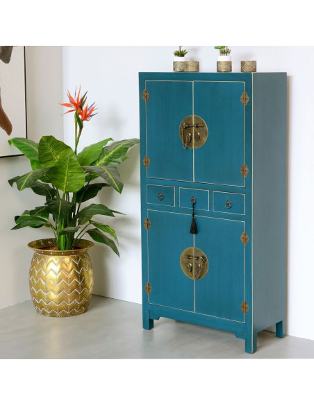 Buffet Haut 4 portes 3 tiroirs en Bois Bleu Oriente - 2