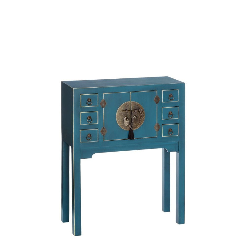 Console Rectangulaire 2 portes 6 tiroirs en Bois Bleu Oriente - 1