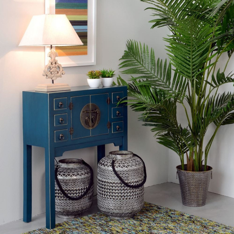 Console Rectangulaire 2 portes 6 tiroirs en Bois Bleu Oriente - 2