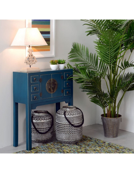 Console Rectangulaire 2 portes 6 tiroirs en Bois Bleu Oriente - 2