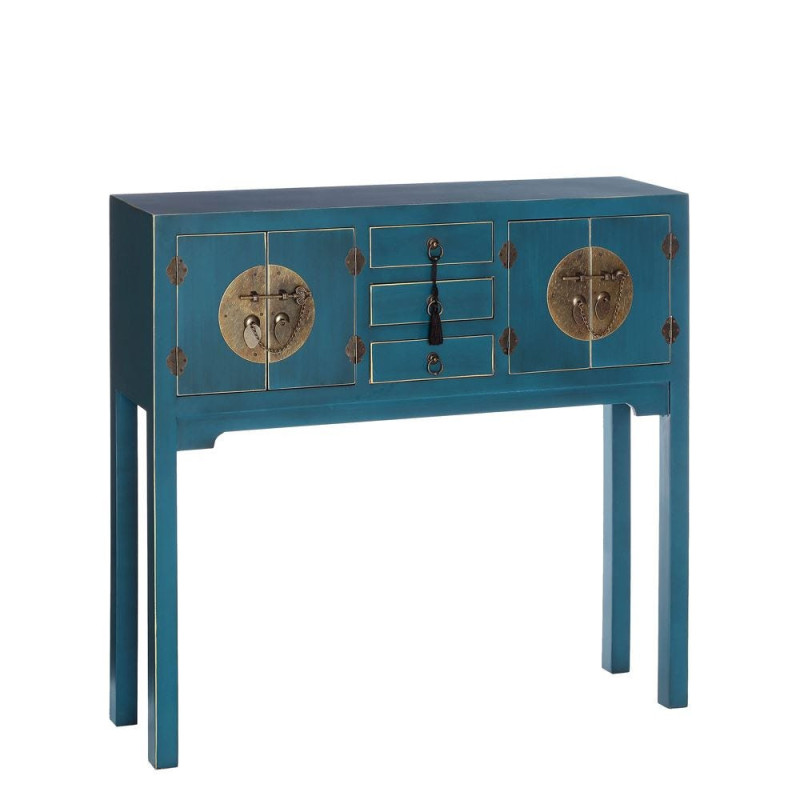 Console Rectangulaire 4 portes 3 tiroirs en Bois Bleu Oriente - 1