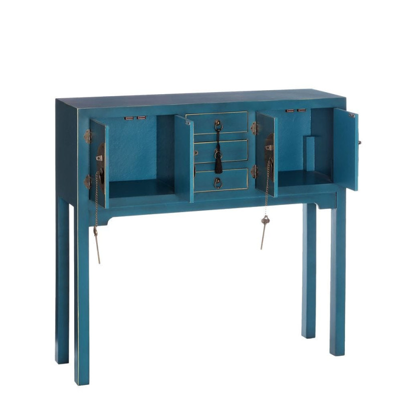 Console Rectangulaire 4 portes 3 tiroirs en Bois Bleu Oriente - 3