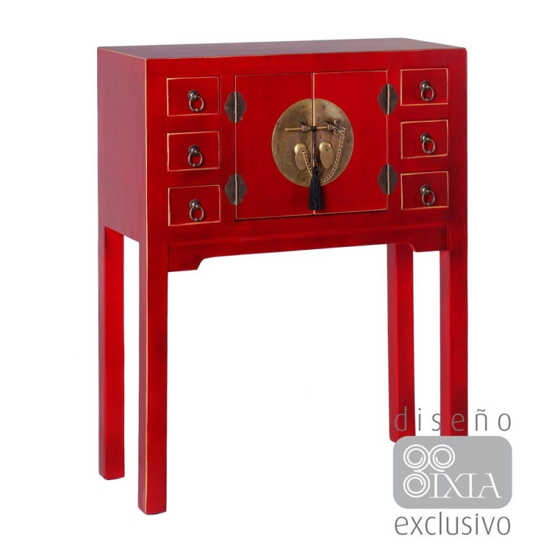 Console Rectangulaire 2 portes 6 tiroirs en Bois Rouge Oriente - 1