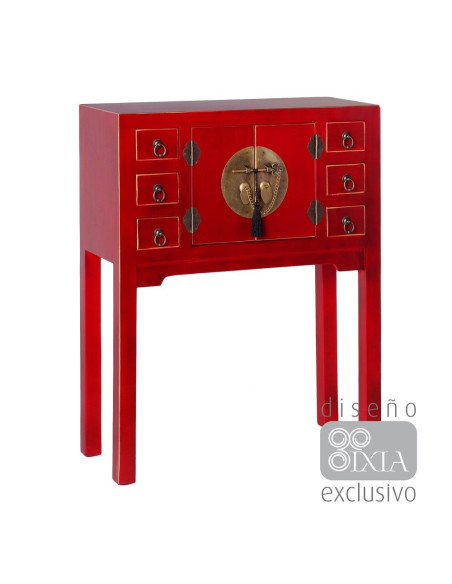 Console Rectangulaire 2 portes 6 tiroirs en Bois Rouge Oriente - 1
