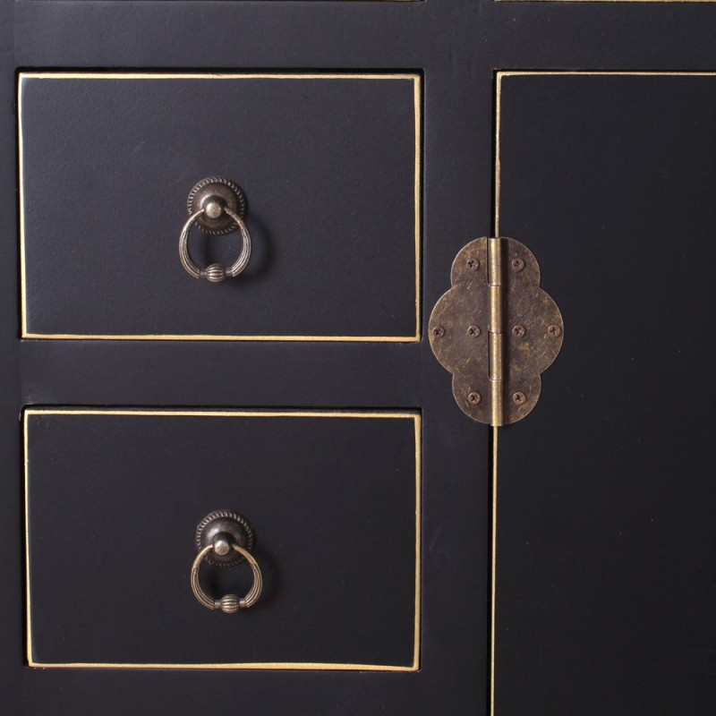 Buffet Bas 2 portes 8 tiroirs Style apothicaire en Bois Noir Oriente - 3