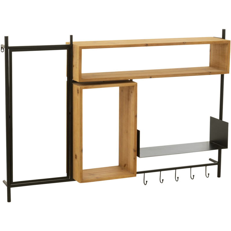 Étagère murale Tina avec Miroir et Porte manteaux en Bois de sapin Naturel Métal Noir - 1