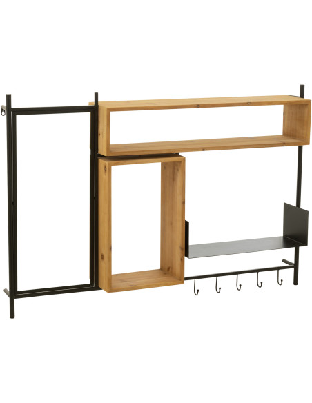 Étagère murale Tina avec Miroir et Porte manteaux en Bois de sapin Naturel Métal Noir - 1