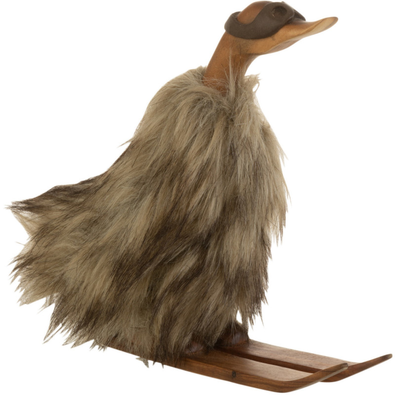 Statue déco Canard skieur 25 cm en Racine de bambou Naturel Fausse fourrure Marron - 1