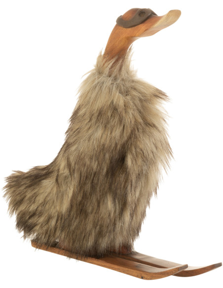 Statue déco Canard skieur 40 cm en Racine de bambou Naturel Fausse fourrure Marron - 1