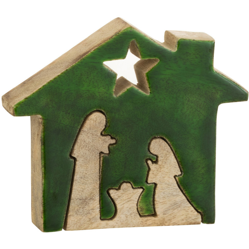 Crêche de Noël Maison Puzzle 15 cm en Bois de manguier Vert Naturel - 1