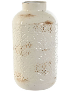 Vase style vintage Rond Hauteur 28 cm en Métal Blanc Vieilli Motif fleurs Kliona - 1