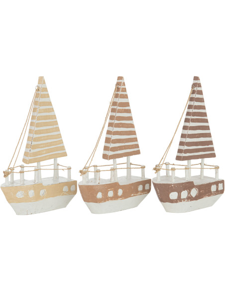 Bateau décoratif Marinéo Hauteur 25 cm en Bois d'Albasia Marron Blanc (Lot de 3) - 1