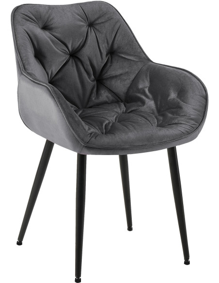 Fauteuil de table moderne capitonné en Velours Gris foncé Métal Noir Adrina - 1