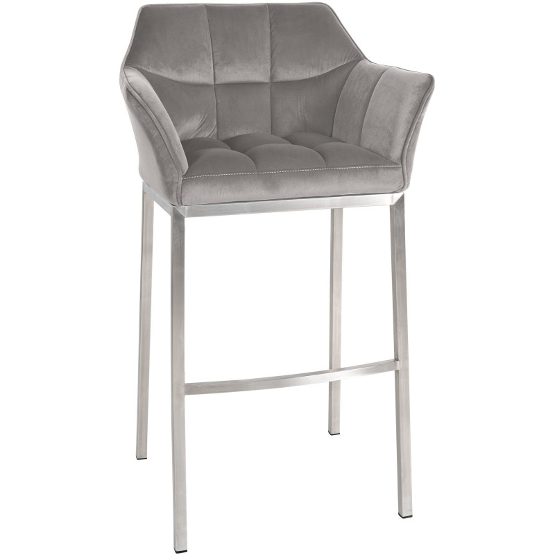 Tabouret de bar moderne en Velours Gris Métal Argenté Brillant Daryo - 1
