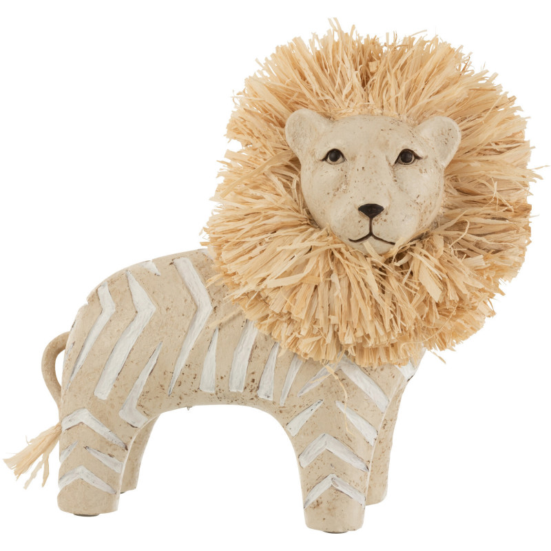 Statue déco Lion Bazal en Résine Blanc Raphia Naturel - 1