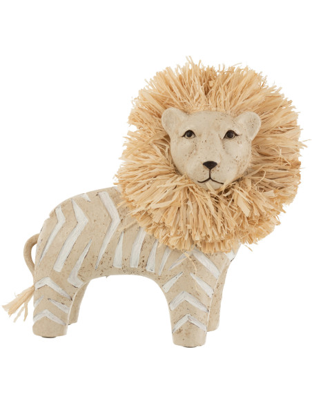 Statue déco Lion Bazal en Résine Blanc Raphia Naturel - 1