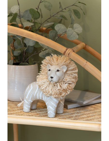Statue déco Lion Bazal en Résine Blanc Raphia Naturel - 2