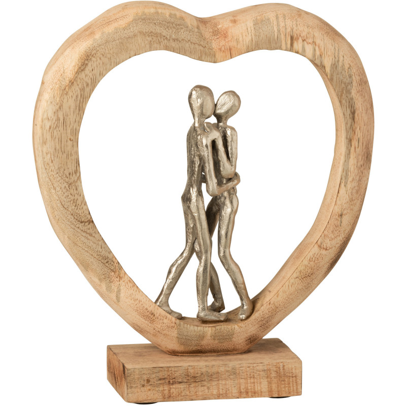 Statuette Couple Amoureux Bisou XL Hauteur 35 cm en Bois de manguier Naturel Métal Argenté Lify - 1