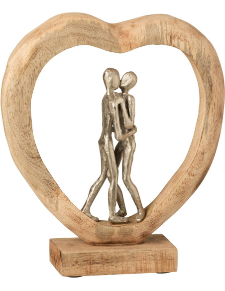 Statuette Couple Amoureux Bisou XL Hauteur 35 cm en Bois de manguier Naturel Métal Argenté Lify - 1
